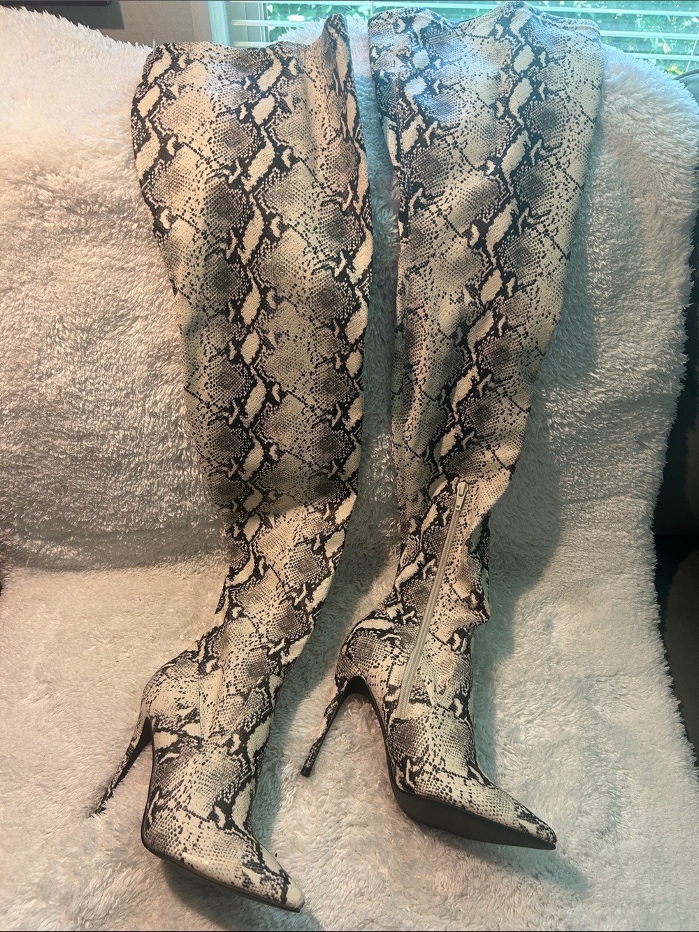 Dominique Black & White Snake-Print Over-the-Knee Stiletto Boots